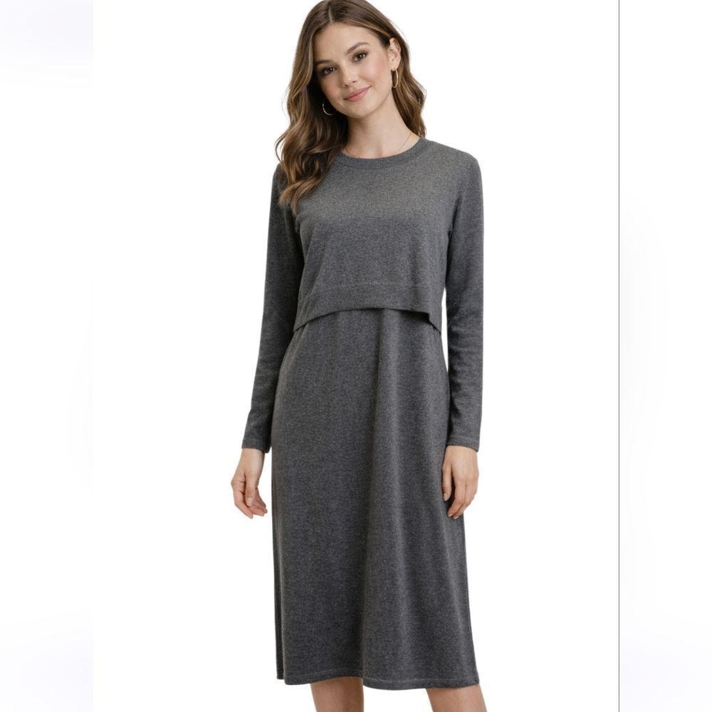 Calvin Klein Gray Layered Long Sleeve Knit Sweater Dress Size Large